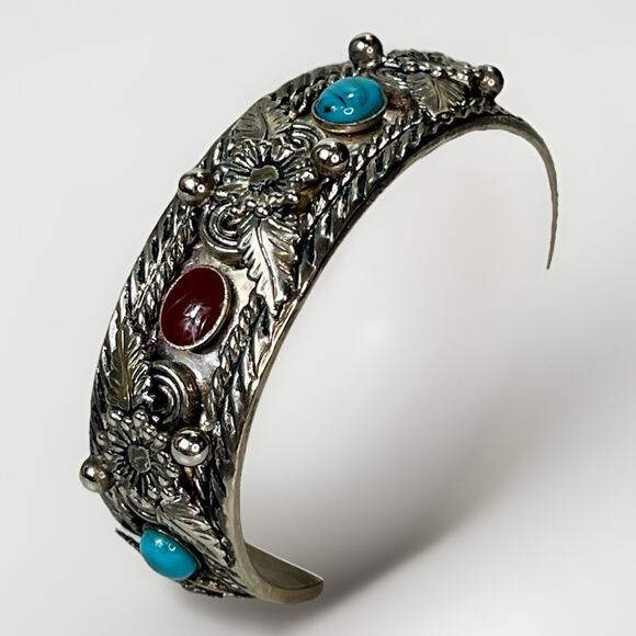 Vintage Navajo Mixed Metal Cuff Bracelet Turquoise Coral Inlay 46.3g HEAVY- 8.5” - Picture 3 of 12